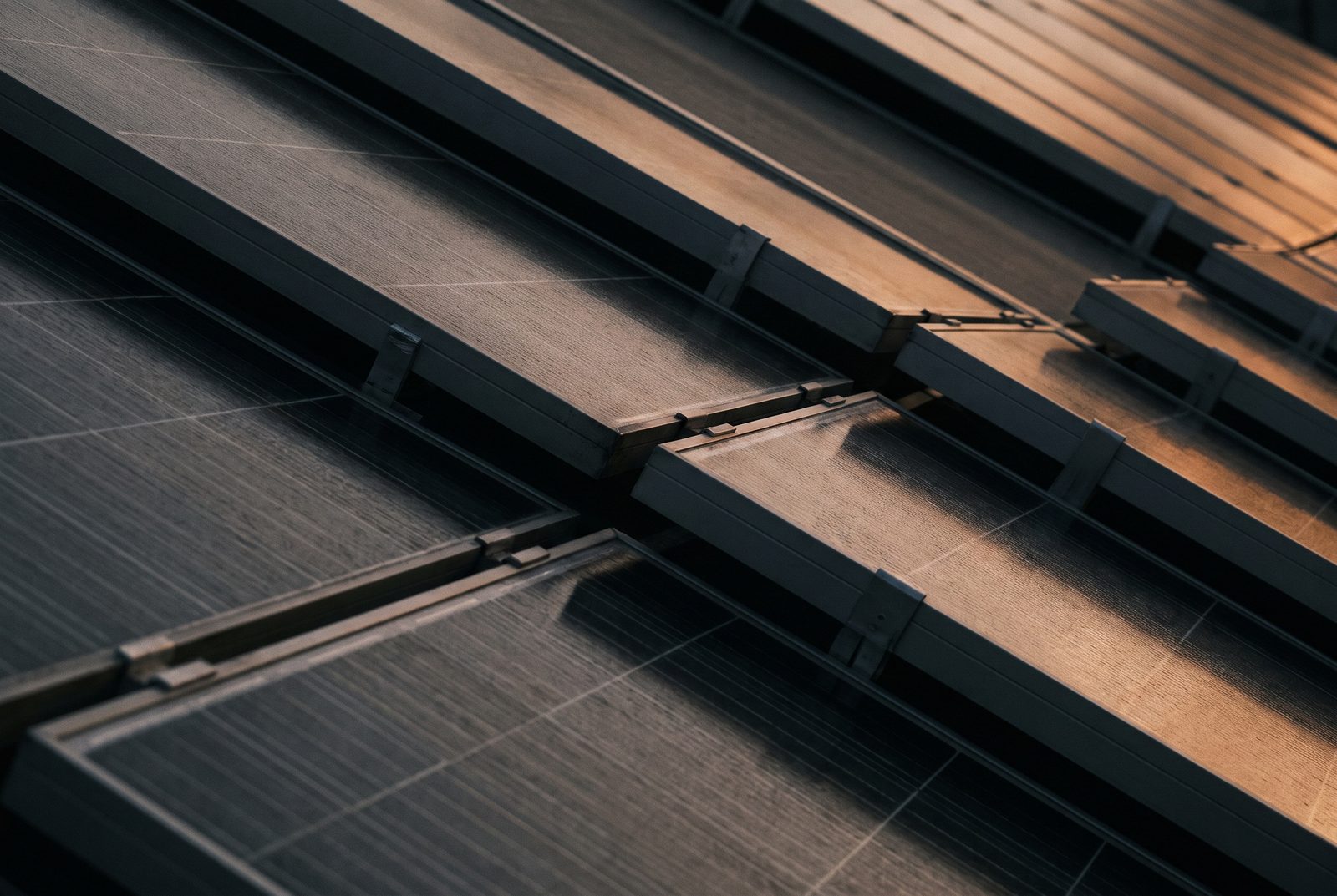 Solar panel frames and mountings in raking light
