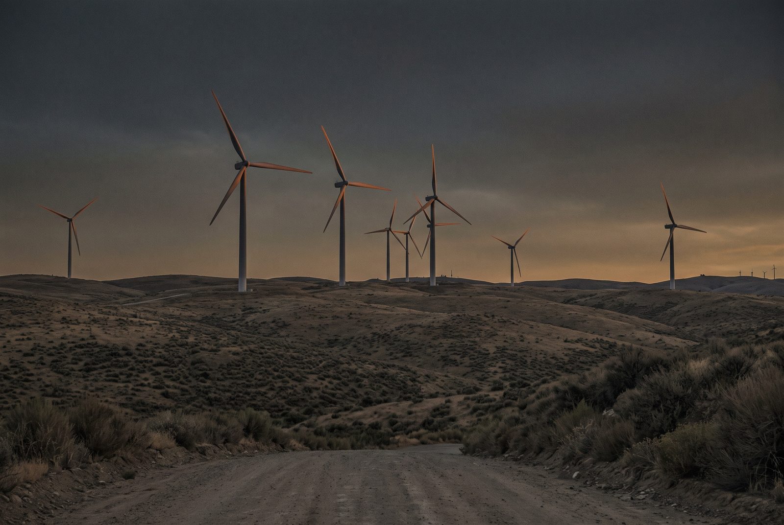 Onshore wind turbines at dusk